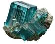 Aquamarin-Kristallgruppe in Blaugrün, bestehend aus ausgeprägten prismatischen Säulen auf einer rauen mineralischen Basis.