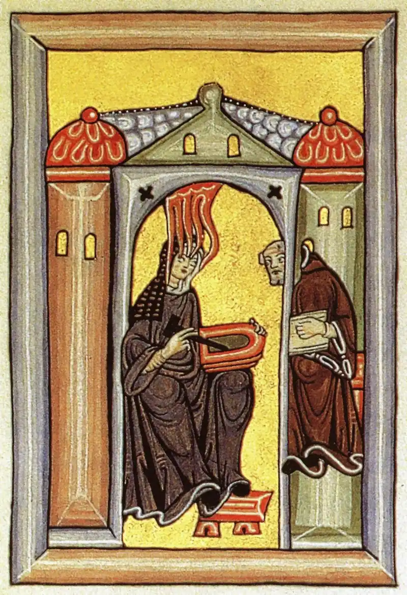 Mittelalterliche Illumination zu Hildegard von Bingen: Eine Person hält einen geschliffenen Stein, im Hintergrund ein Mönch.