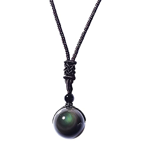Sharplace Schwarze Obsidian Halskette, Obsidian Anhänger, mit Geflochtener Kette, Regenbogen Obsidian Stein, Amulett - 16mm