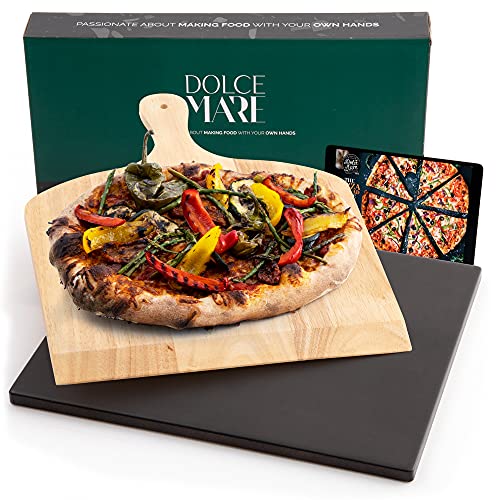 DOLCE MARE Pizzastein schwarz Inkl. Holz-Pizzaschieber - Pizza Stein aus hochwertigem Cordierit für Backofen & Grill - Backstein für knusprige Pizza wie beim Italiener...