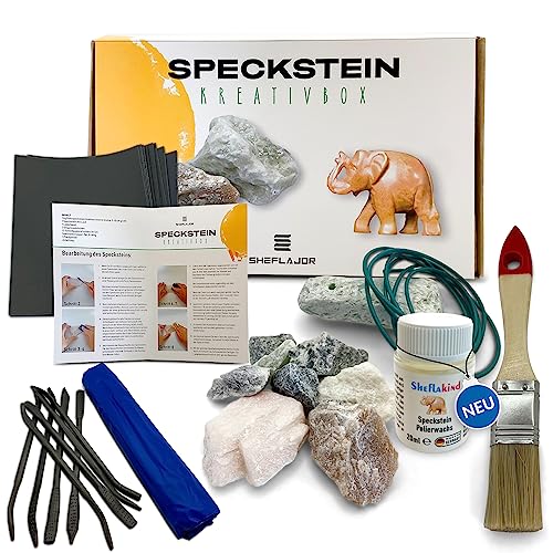 Sheflajor Speckstein Set :1kg Speckstein/inkl. [Speckstein-Polierwachs] / 8x Raspeln / 12x Schleifpapier/Flachpinsel / 1x Speckstein-Amulett / 1x Lederband