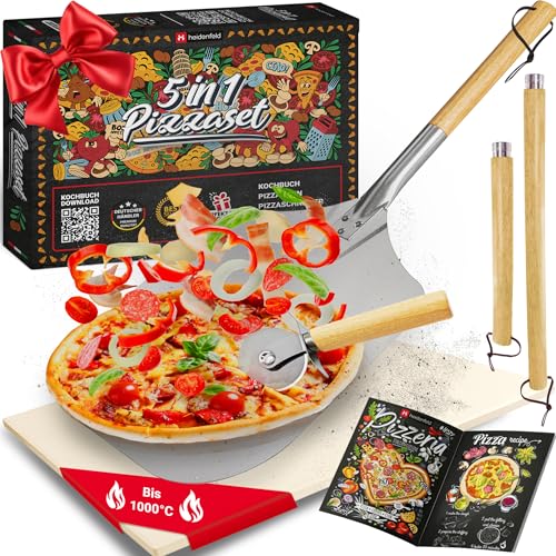 5in1 Pizza Set | Pizzastein für Backofen & Gasgrill - 2in1 Pizzaschieber - Pizzaschneider - Rezeptbuch - Pizza Zubehör - Pizzaschaufel - Pizzamaker - Pizza Stein aus...