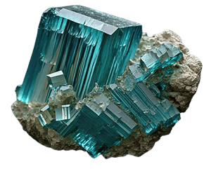 Ansammlung tiefblaugrüner Beryllkristalle, bekannt als Aquamarin, auf einer Matrix.