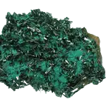 Eine Ansammlung leuchtend grüner Atacamitkristalle auf einer Matrix.