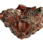 Eine Ansammlung roter Eudialyt-Edelsteinkristalle, eingebettet in eine Matrix.