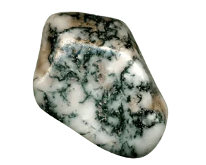 Ein polierter Moosachat-Stein mit Wirbeln in Weiß, Grün und Schwarz, isoliert auf schwarzem Hintergrund.