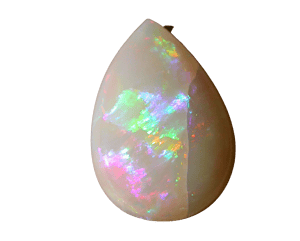 Ein polierter Opal-Edelstein, birnenförmig mit leuchtendem, mehrfarbigem Schillern, isoliert auf schwarzem Hintergrund.