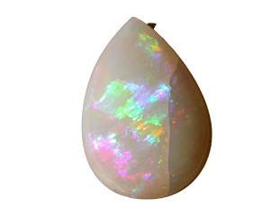 Ein polierter Opal-Edelstein, birnenförmig mit leuchtendem, mehrfarbigem Schillern, isoliert auf schwarzem Hintergrund.