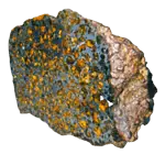 Nahaufnahme eines rauen Pallasit-Gesteins mit strukturierter Oberfläche mit orangefarbenen und schwarzen Flecken, isoliert auf einem transparenten Hintergrund.