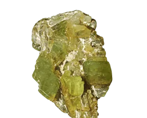 Grüne, gelbliche Peridot-Kristallformationen auf dunklem Hintergrund.