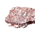 Eine Nahaufnahme eines rauen Rhyolithminerals mit sichtbaren Flecken aus rosa und weißen Kristallen auf seiner Oberfläche, isoliert vor einem schwarzen Hintergrund.