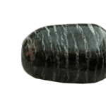 Ein polierter, ovaler Silberauge-Stein mit dünnen weißen Streifen auf schlichtem Hintergrund.