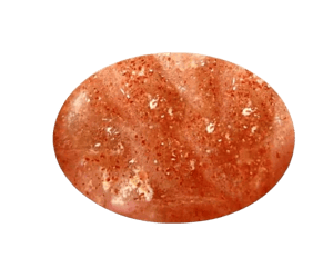 Oval geformter, polierter Sonnenstein-Edelstein mit gesprenkeltem orange-weißem Aussehen, isoliert auf schwarzem Hintergrund.