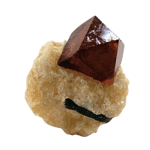 Ein tiefroter Zirkonkristall auf einer hellbraunen Matrix aus Mineralkörnern, isoliert auf einem schwarzen Hintergrund.