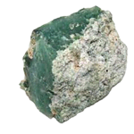 Grünes Chromchalcedon-Mineralexemplar auf einer grauen Matrix.