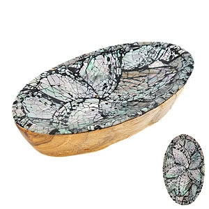 Ovale Holzschale mit schillerndem Mosaik-Inlay, das ein Muster aus rissigen, dunklen und hellen reflektierenden Teilen aufweist. Das kleine Einschubbild zeigt die Draufsicht der Schale.
