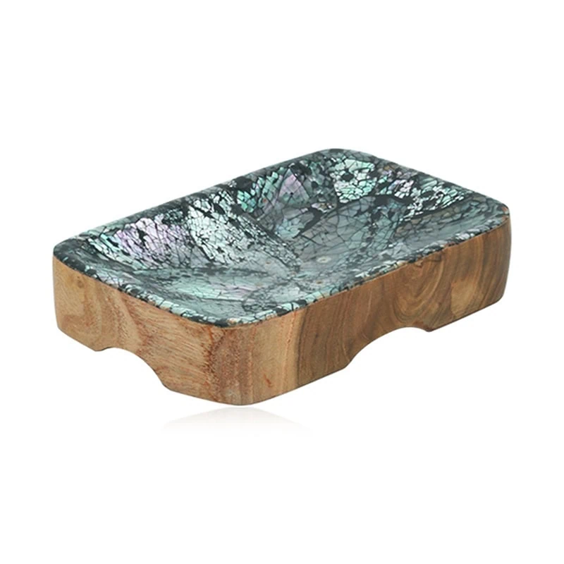 Rechteckige Seifenschale aus Holz mit einer Einlage aus Mosaikglas mit einem schillernden Rissmuster in Grün- und Lilatönen.