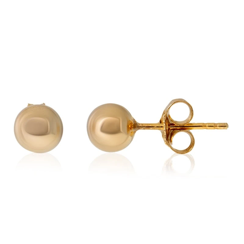 Goldene Ohrstecker mit kugelförmigem Design, von vorne und von der Seite gezeigt.
