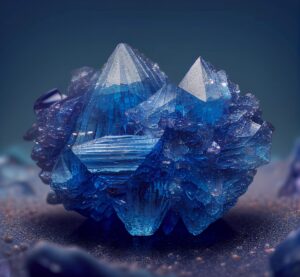 Eine Ansammlung leuchtend blauer Kristalle mit scharfen, kantigen Formationen sitzt auf einer strukturierten Oberfläche und fasziniert jeden Kristallsammler. Der unscharfe Hintergrund unterstreicht ihre Schönheit.